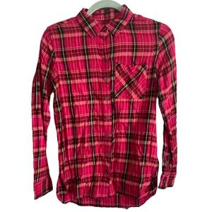 TRUE CRAFT Pink, Red, Black, and Yellow Plaid Button Up